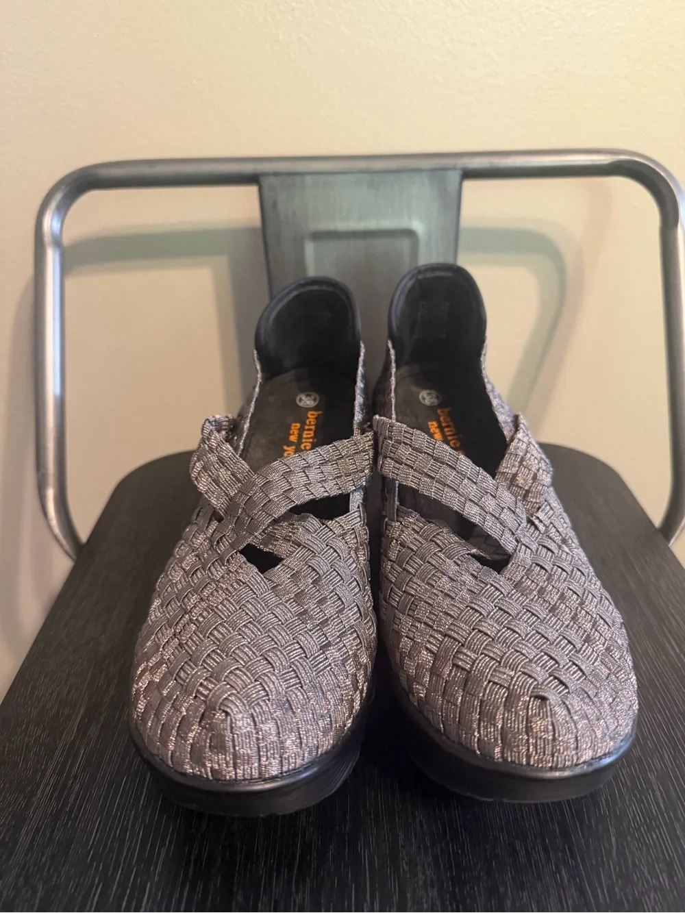 Bernie Mev Pewter Metallic Woven Mary Jane Wedge Shoes Size 38